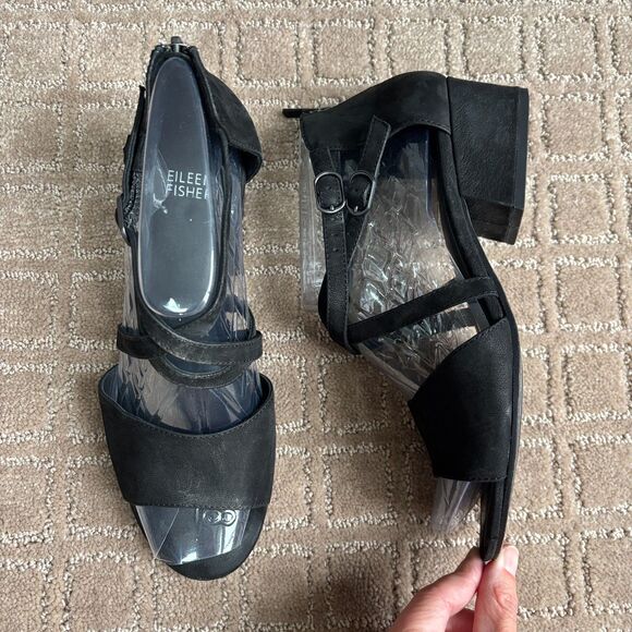 Eileen Fisher Kyra Nubuck Leather Strappy Women's 7.5 Black Block Heel Sandals - Picture 1 of 8